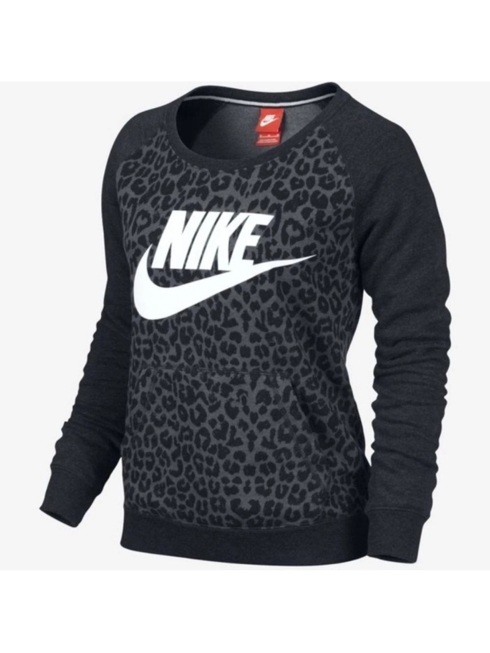 Nike Women’s Black Leopard Print Crew Sweatshirt with White Logo